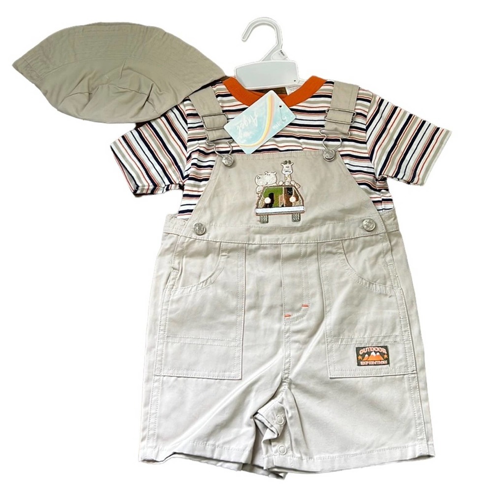 A Little Angel Khaki Overalls With Bucket Hat & Stripes Undershirt